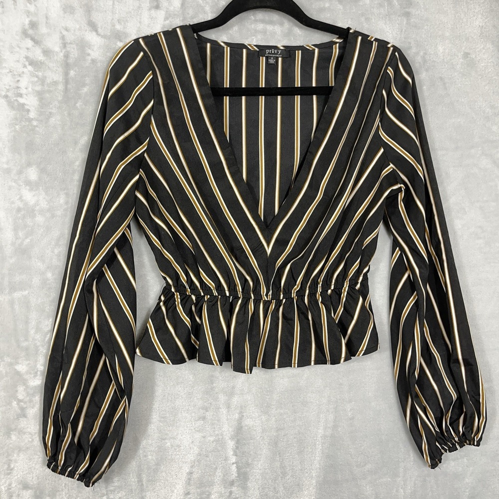 Privy Womens Top Black Striped Ballon Sleeve‎ Cropped S Peplum Blouse V Neck Y2K
